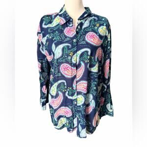 Talbots Multicolor Paisley Blouse Button down Petite XL Blue Pink White Yellow